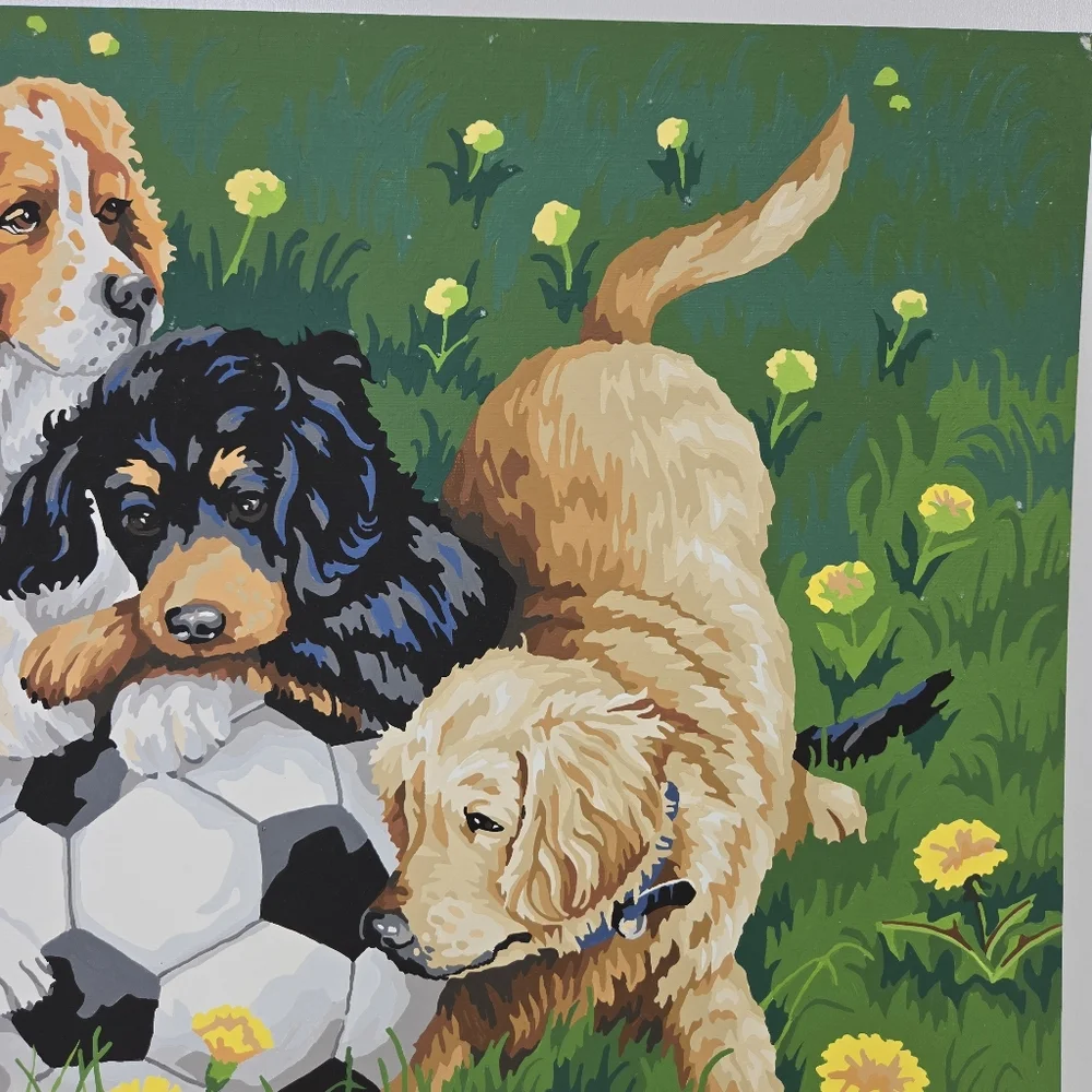 VTG Puppies and Soccer Paint By Number Finished Acrylic‎ Painting 14x20 Retriver